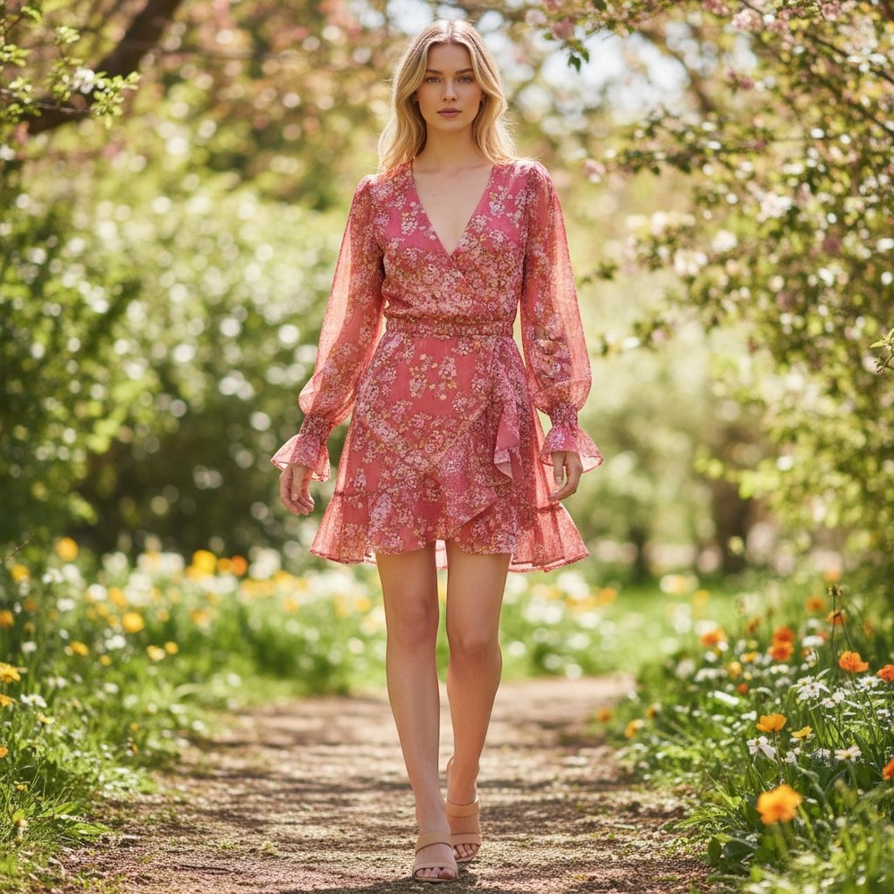 LC Lauren Conrad Mini Dress Womens S Red Pink Floral Wrap Feminine Whimsical